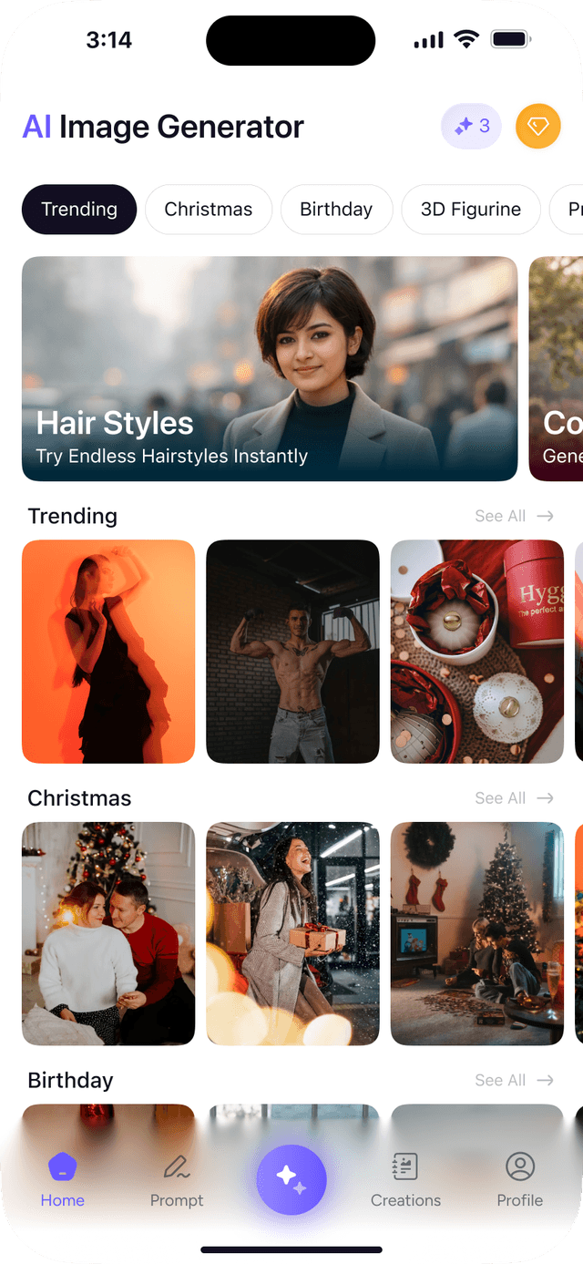 AI Image Generator — home screen with AI art gallery