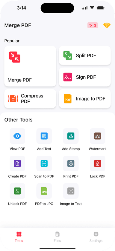 Merge PDF — PDF file selection screen