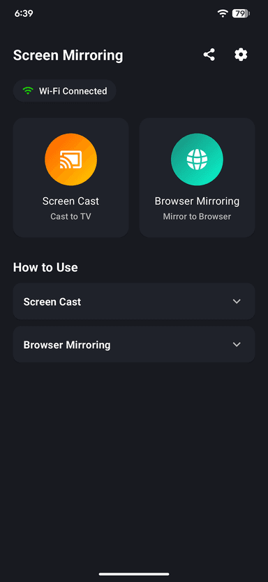 Screen Mirroring — device discovery showing nearby TVs